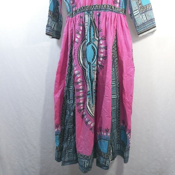 Rainbow Pink Boho Printed Cotton Maxi Dress Pockets Size OSFM - Picture 10 of 10